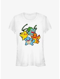 Cheapest 🎉 Pokemon Classic Group Bulbasaur, Pikachu, Charmander, and Squirtle 👧 Girls T-Shirt 🔔