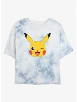 Hot Sale 😀 Pokemon Pikachu Face Tie-Dye 👧 Girls Crop T-Shirt 🧨